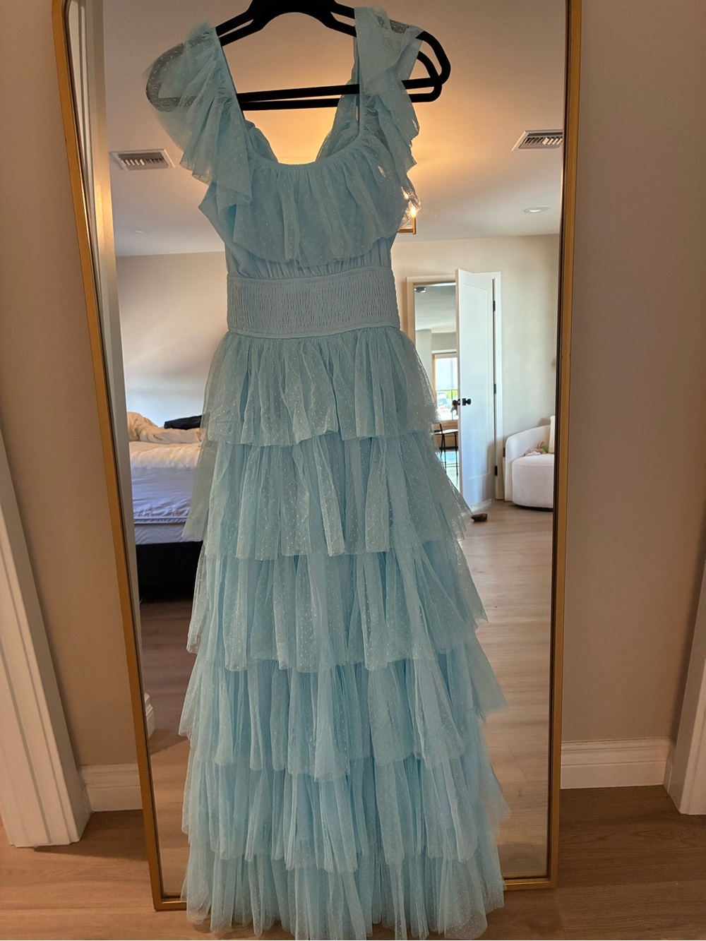 Vintage Light Blue Tiered Ruffle Maxi Dress